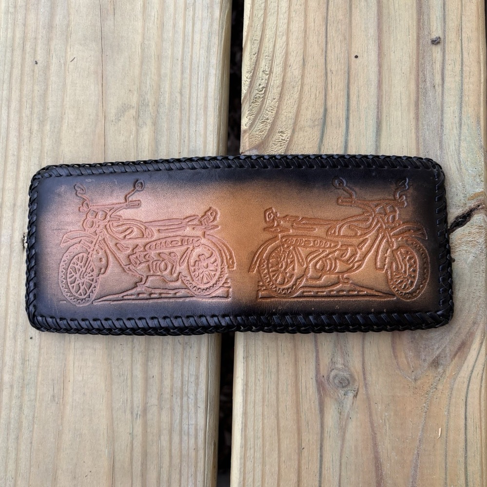 Vintage Leather Wallet Hand Tooled Bifold Motorcyle Scene Biker Whipstitch Brown